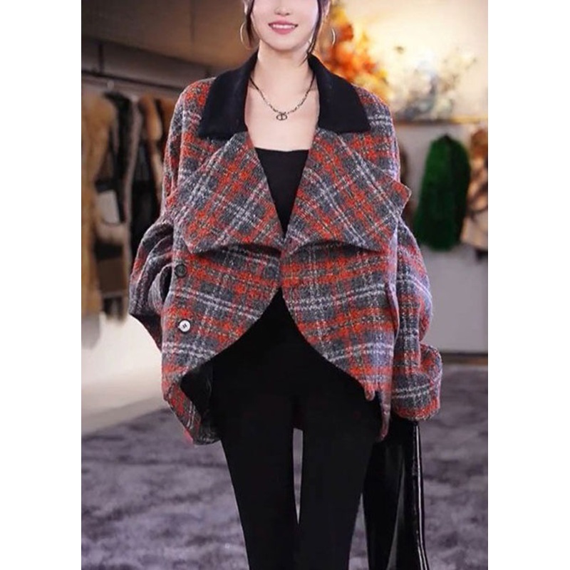 Beautiful Plaid Peter Pan Collar Pockets Woolen Coats Long Sleeve