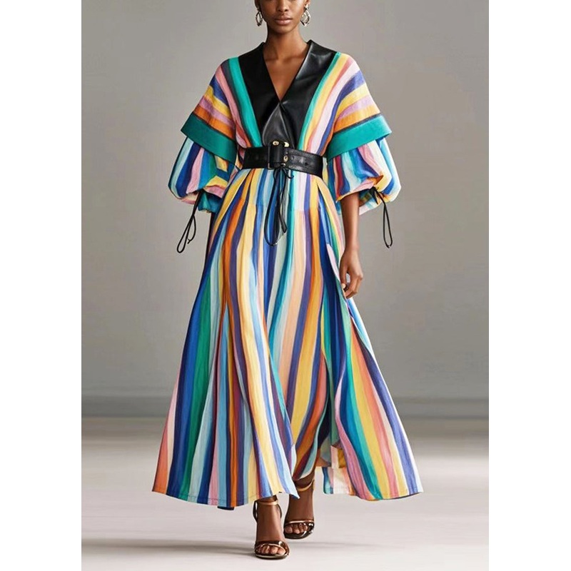 Beautiful Rainbow Cinched Striped Cotton Holiday Dress Lantern Sleeve