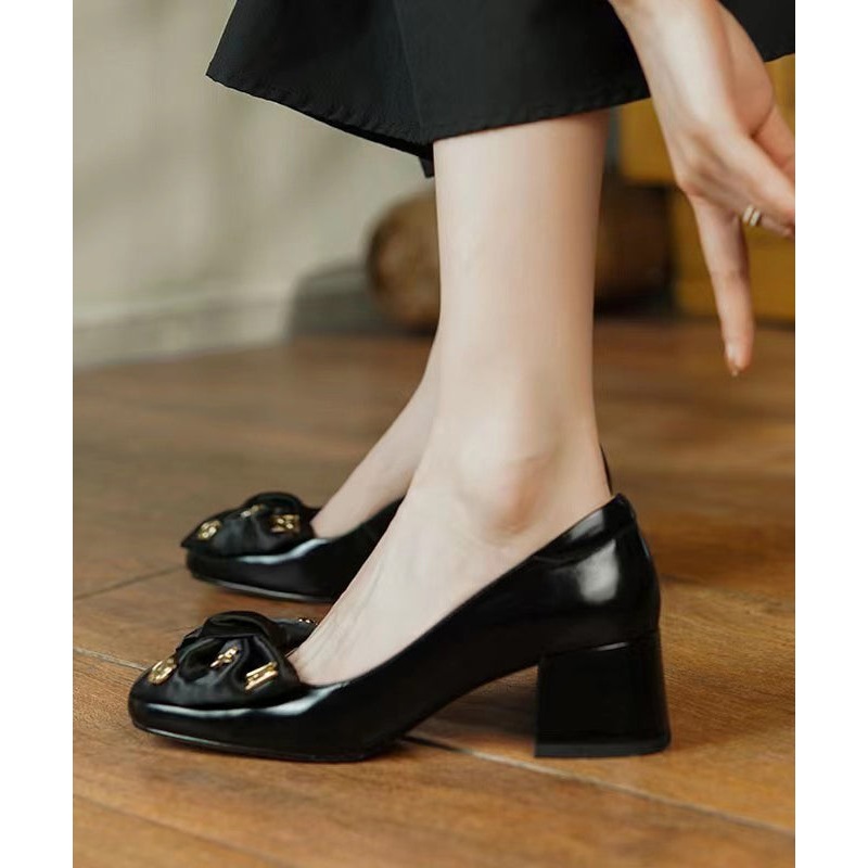 Black Bow Loafers For Women Chunky Heel Faux Leather