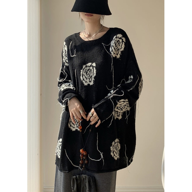 Black Original Design Thin Knit Winter Sweaters O Neck