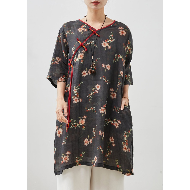 Black Print Linen Dress Tasseled Chinese Button Summer