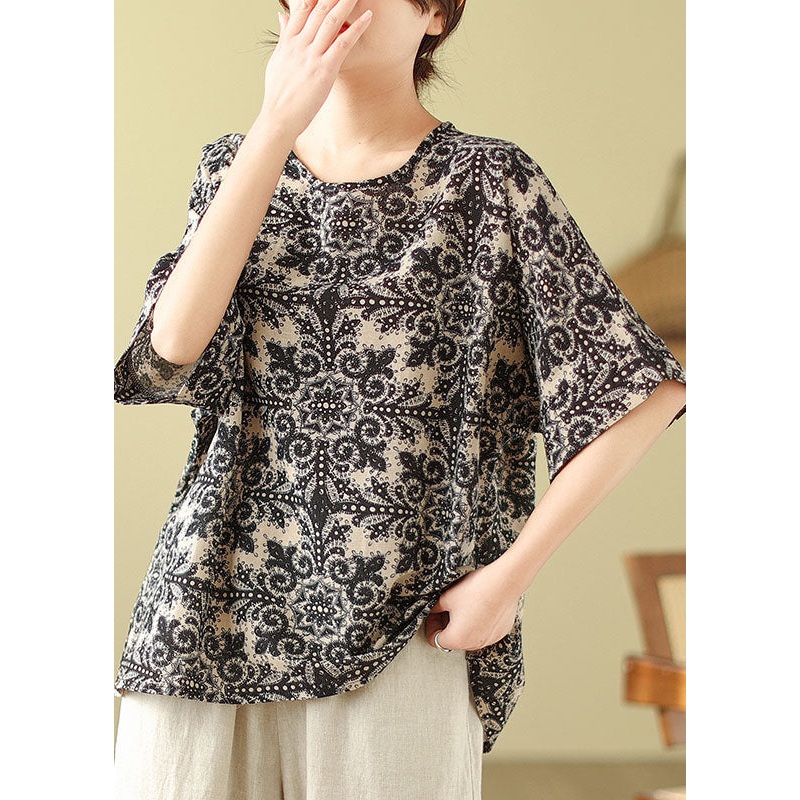 Black Print Loose Cotton Top O Neck Short Sleeve