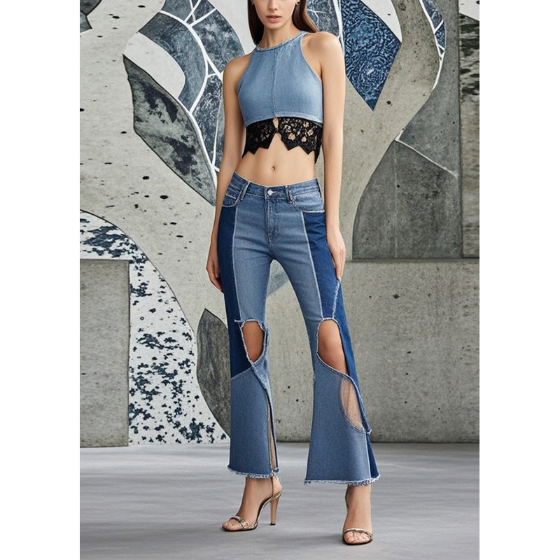 Blue Patchwork Denim Bell-bottom Pants Hollow Out Fall