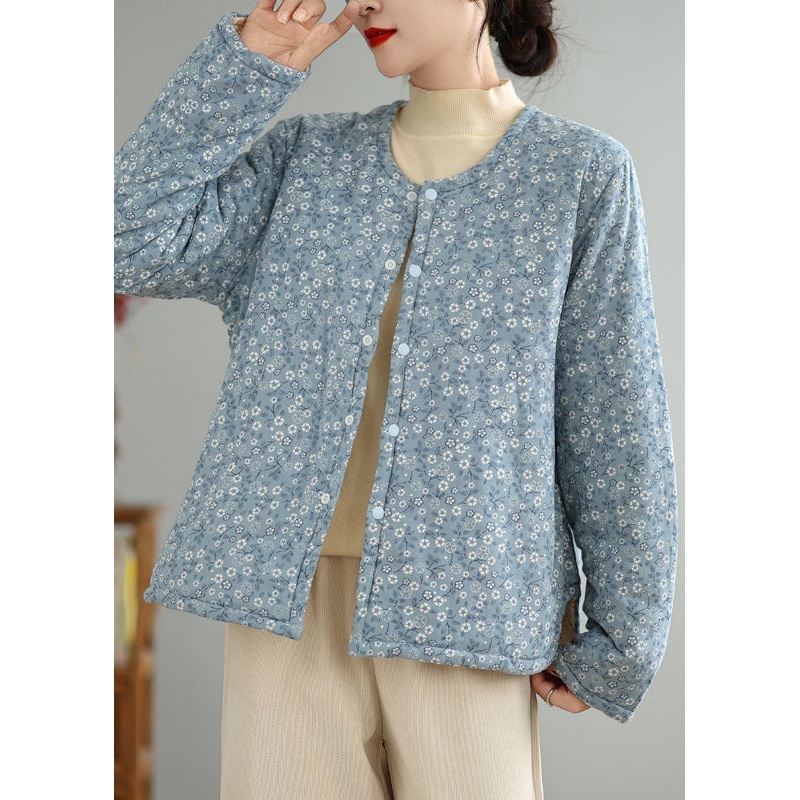 Blue Print Button Cotton Filled Winter Coat O Neck