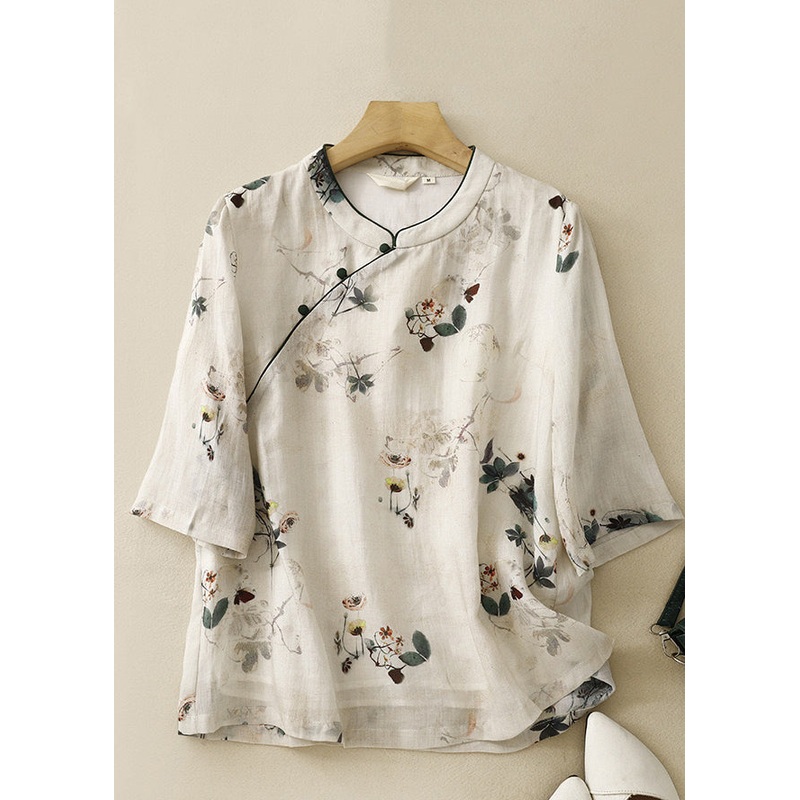 Bohemian Beige Stand Collar Print Linen Tops Summer