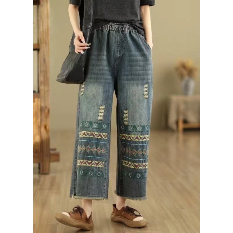 Bohemian Blue Embroidered Pockets Denim Wide Leg Pants Spring