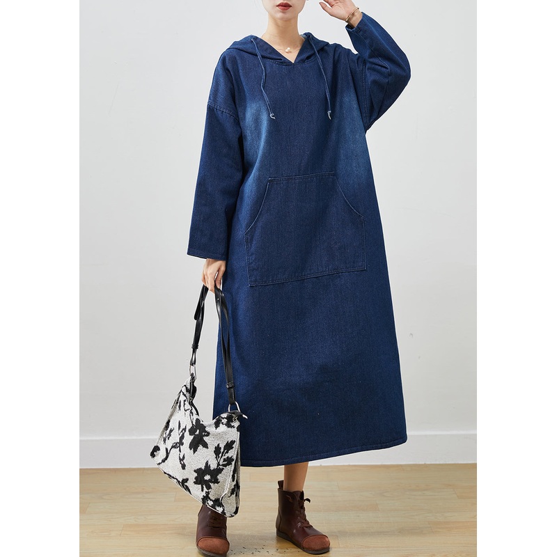 Bohemian Navy Oversized Denim Hooded Dress Spring
