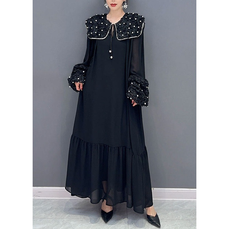 Boho Black Peter Pan Collar Nail Bead Patchwork Long Cotton Dress Spring