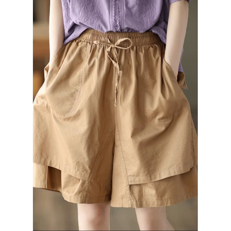 Boho Khaki Pockets Patchwork Elastic Waist Cotton Shorts Summer