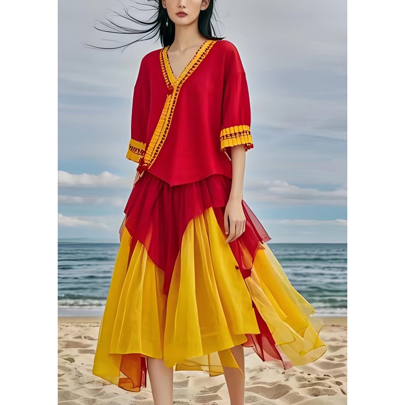 Boho V Neck Asymmetrical Design Patchwork Chiffon Dresses Summer