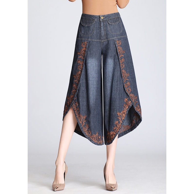 Boutique Blue Embroidered Pockets Cotton Crop Pants Skirt Summer