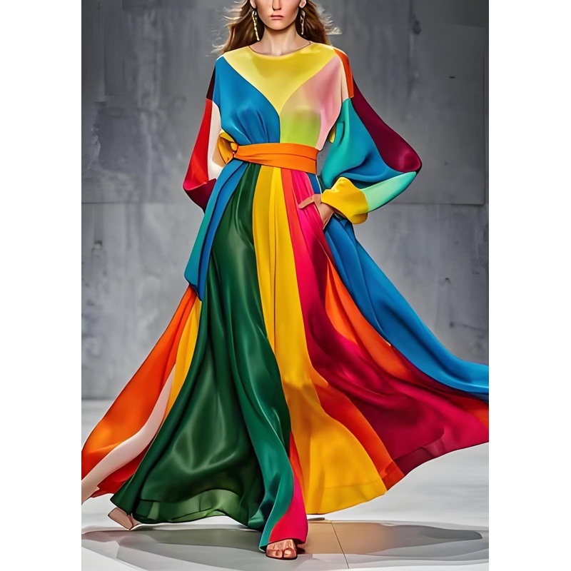 Boutique Colorblock O Neck Tie Waist Patchwork Silk Dresses Long Sleeve