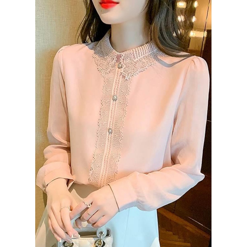 Boutique Pink Peter Pan Collar Lace Patchwork Cotton Shirt Top Spring