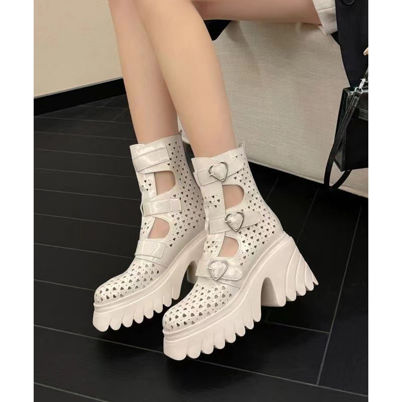 Boutique White Cowhide Leather Hollow Out Buckle Strap Splicing Boots