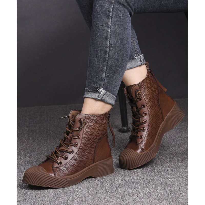 Brown Cowhide Leather Embossed Women Splicing Lace Up Boots