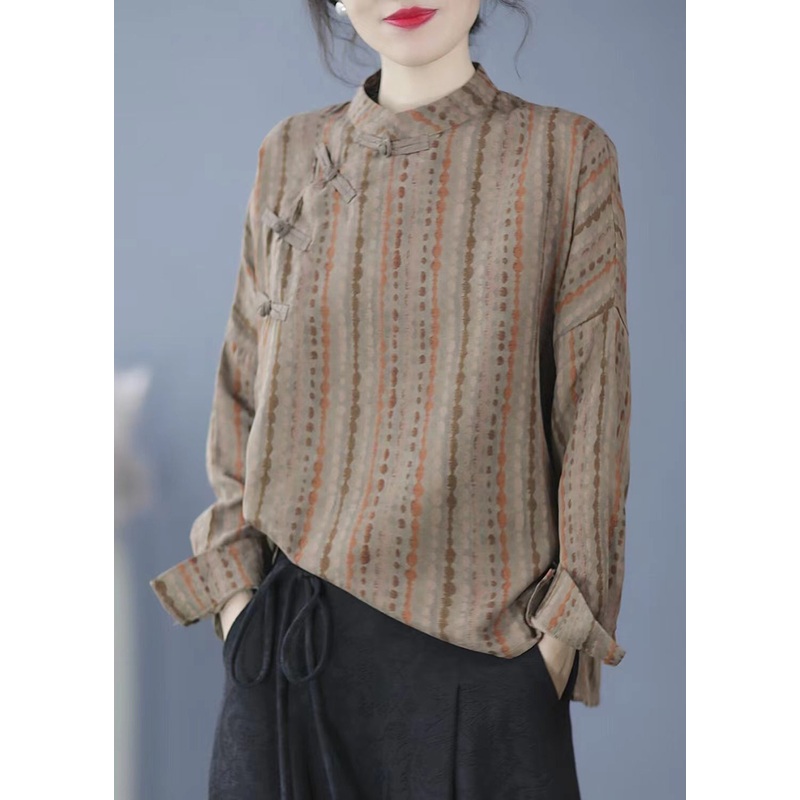 Casual Khaki Striped Print Button Top Spring