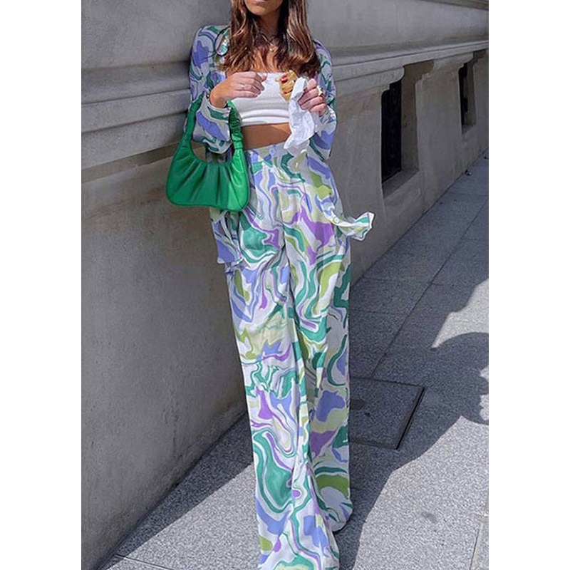 Casual Loose Green Print Tops And Pants Two Pieces Set Summer