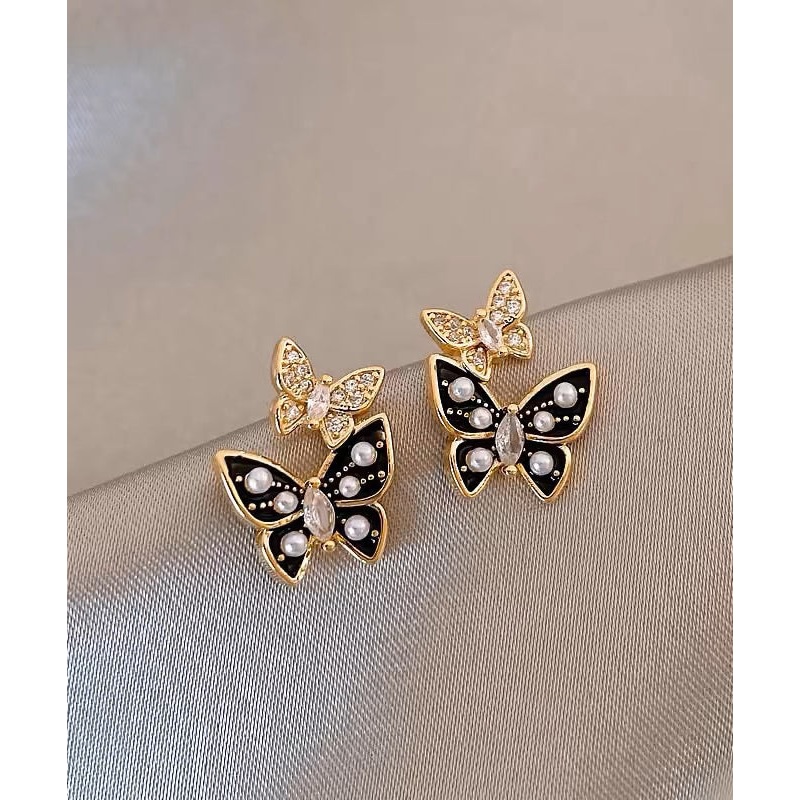 Chic Black Copper Alloy Zircon Drip Glaze Pearl Glass Stud Earrings