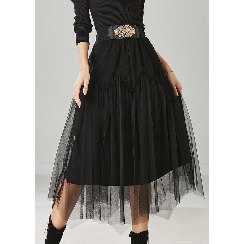 Chic Black High Waist Patchwork Tulle Corduroy Skirts Spring