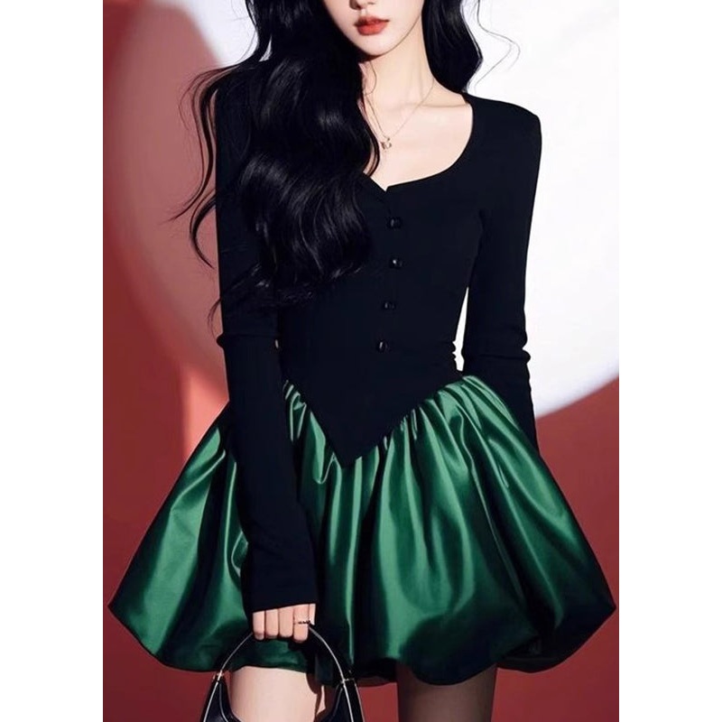 Chic Black Patchwork Green O-Neck Mid Dress Spring