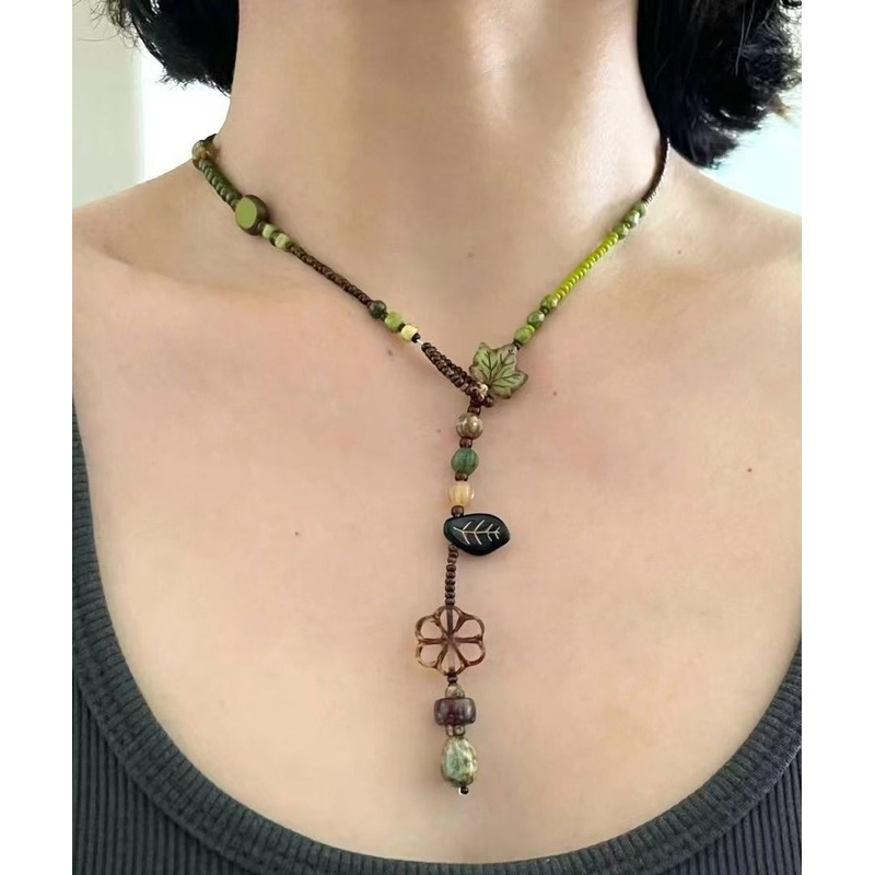 Chic Green Hand Woven Beading Lariat Necklace