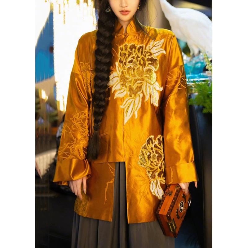 Chinese Style Yellow Button Print Silk Coats Long Sleeve