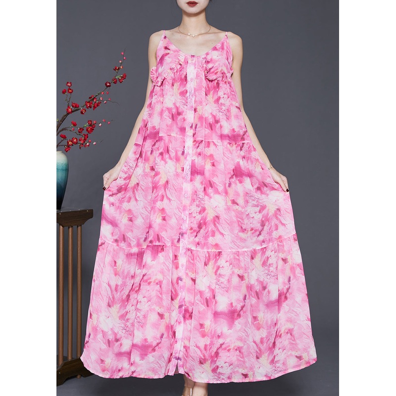 Classy Pink Ruffled Print Chiffon Spaghetti Strap Dress Summer