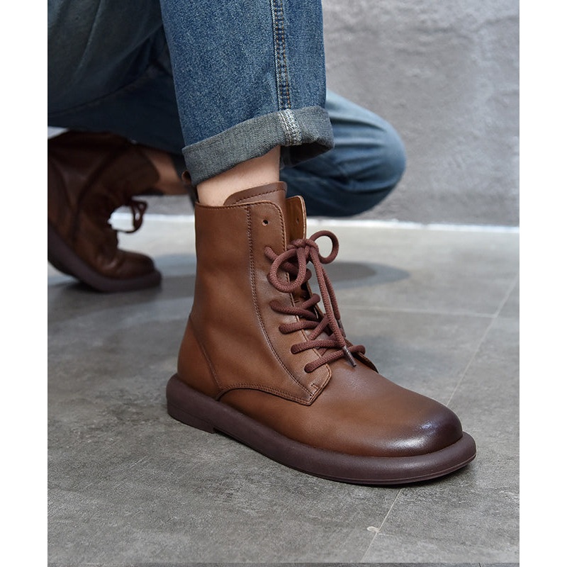 Cowhide Leather Boots Brown Casual Splicing Cross Strap