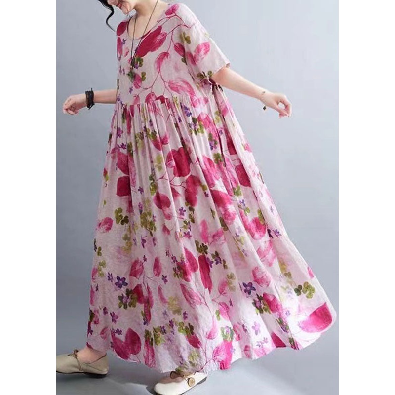 Cute Rose O-Neck Print Wrinkled Maxi Dresses Short Sleeve