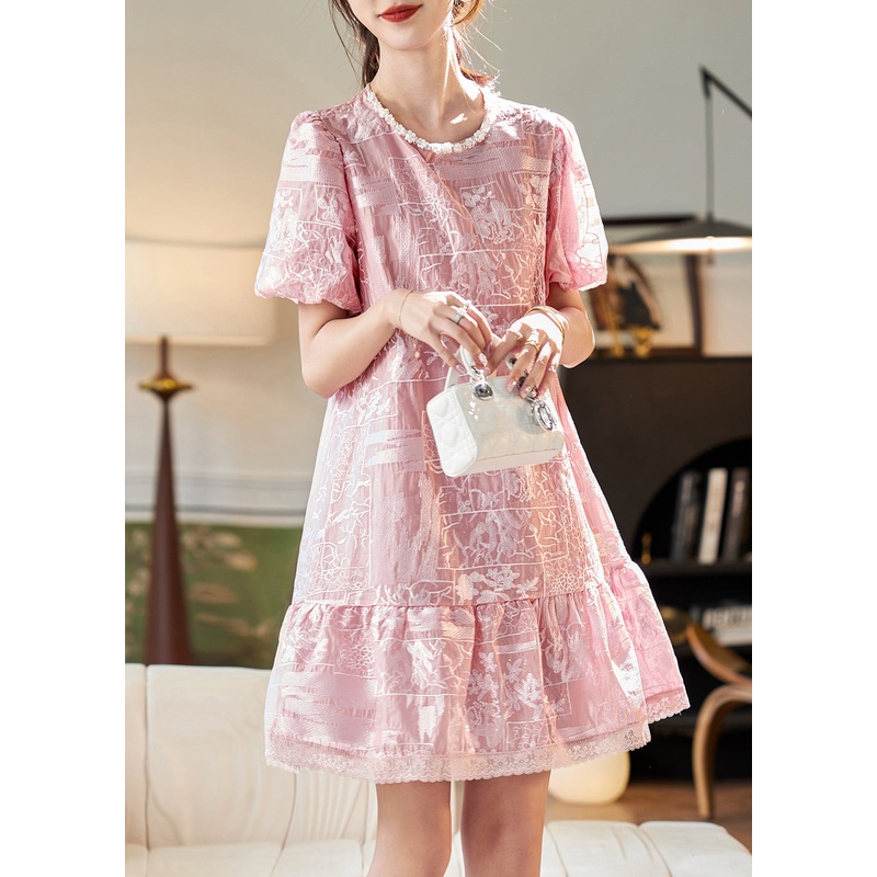 DIY Pink Embroidered Patchwork Nail Bead Chiffon Mid Dresses Short Sleeve