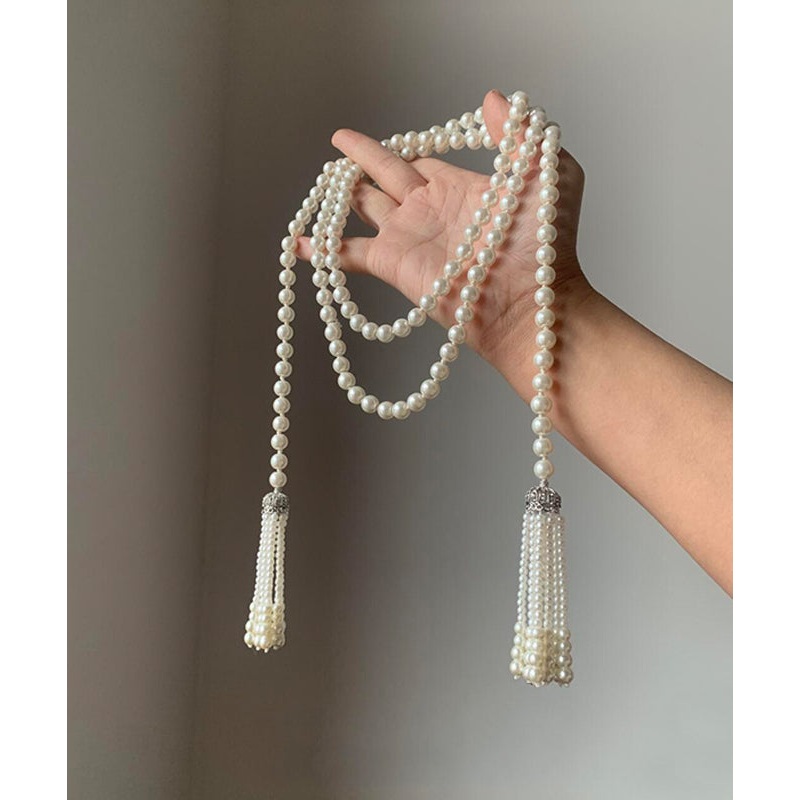 DIY White Alloy Pearl Tassel Gratuated Bead Necklace