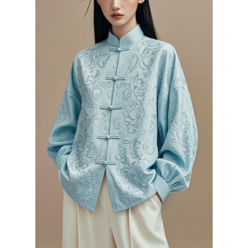 Elegant Blue Stand Collar Button Solid Silk Cotton Coats Fall