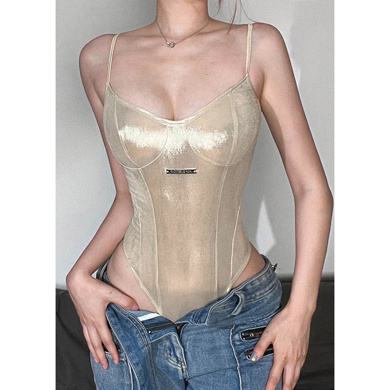 Elegant Champagne Patchwork Solid Spandex Cami Bodysuit