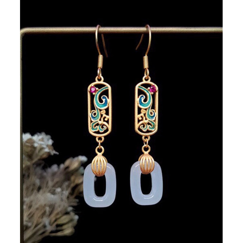 Elegant Gold Ancient Gold Jade Enamel Ping Buckle Drop Earrings
