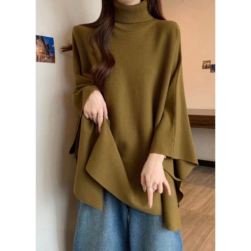 Elegant Mustard Yellow Turtleneck Asymmetrical Cozy Cotton Knit Sweaters Spring