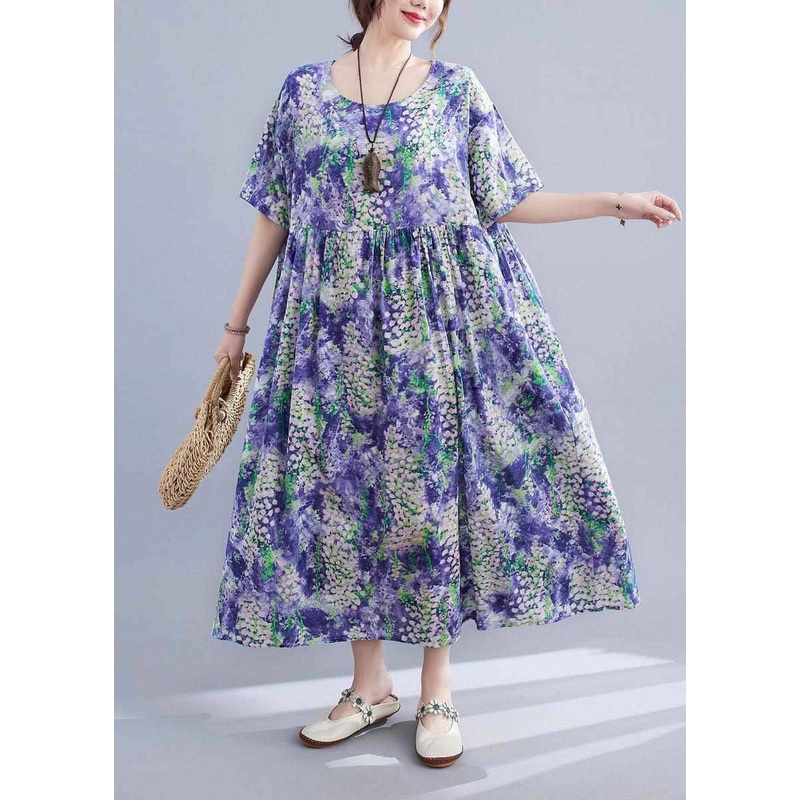 Elegant Purple O-Neck Print Patchwork Long Dress Short Sleeve