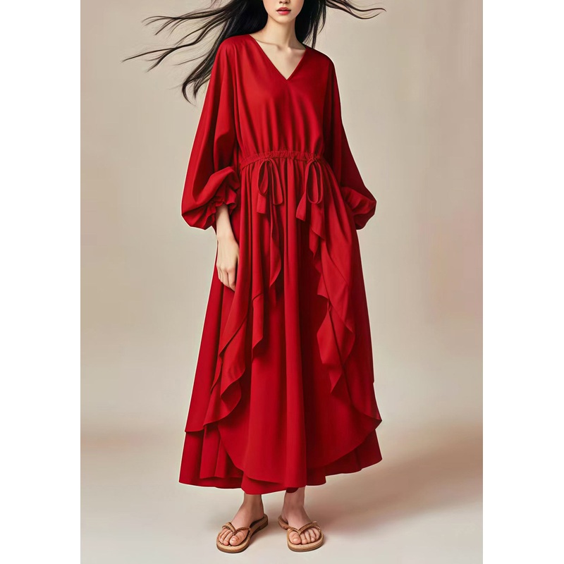 Elegant Red Oversized Ruffles Drawstring Cotton Dresses Lantern Sleeve