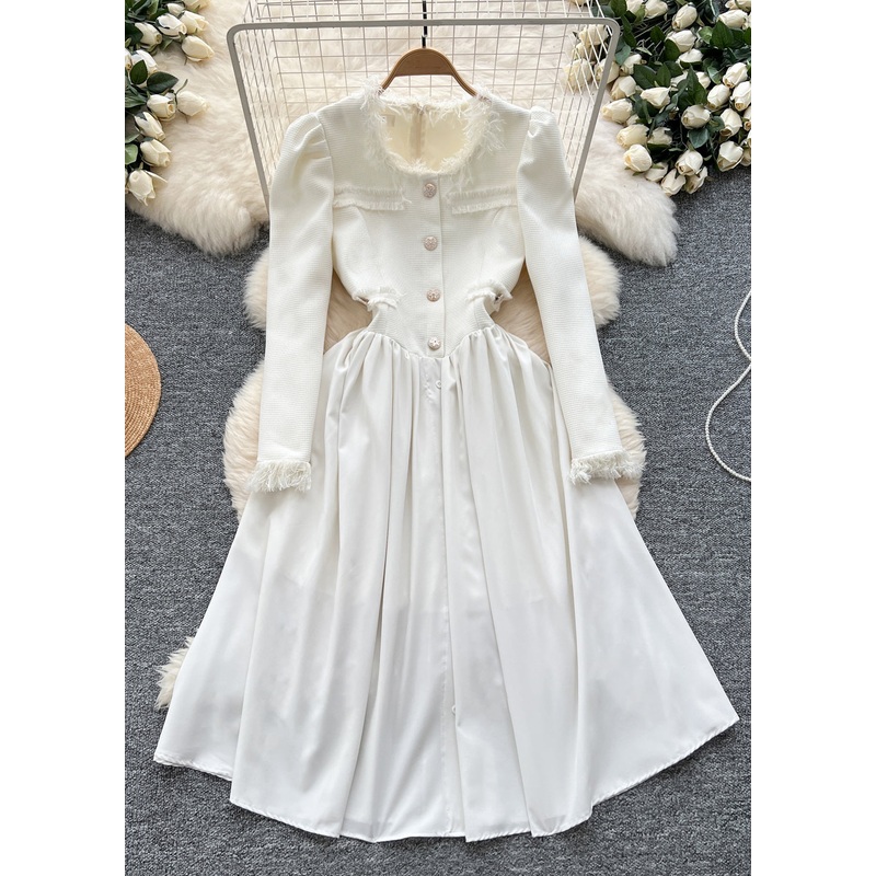 Elegant White Button High Waist Cotton Shirts Dresses Winter