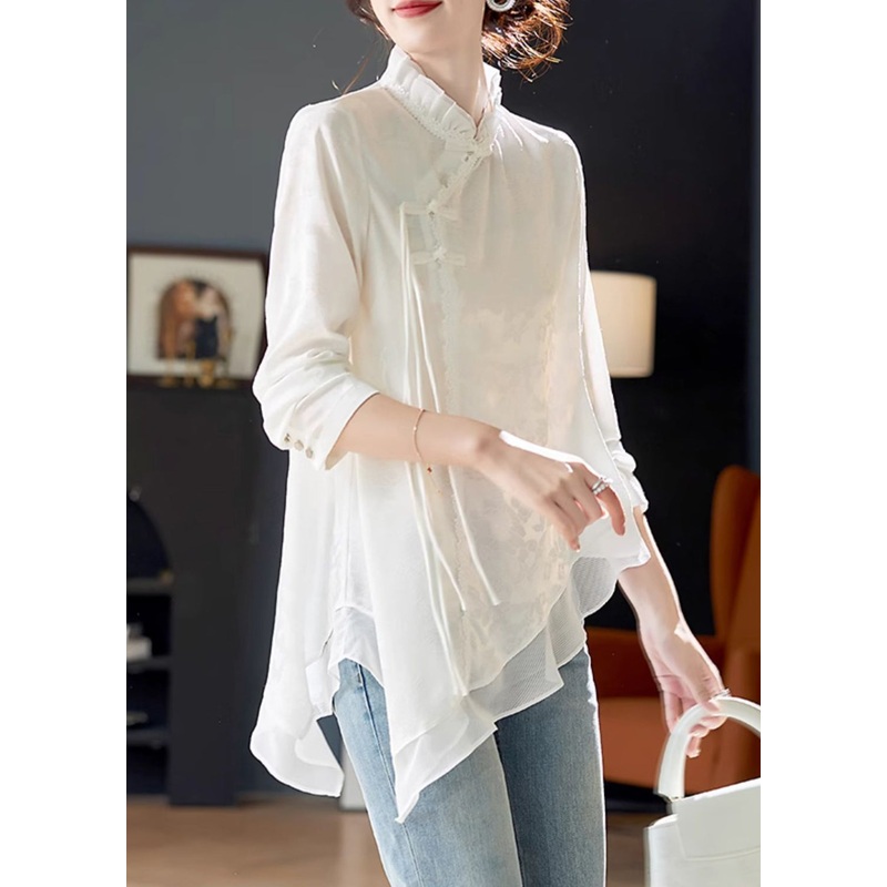 Elegant White Ruffled Chinese Button Chiffon Shirt Long Sleeve