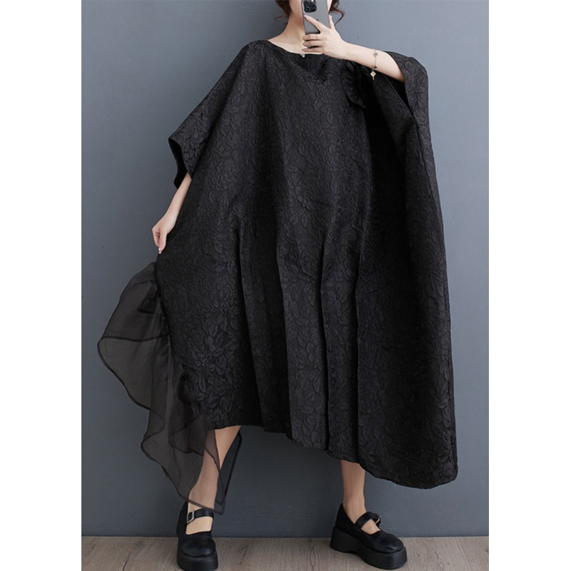 Fashion Black Floral Tulle Patchwork Maxi Asymmetrical Dress Batwing Sleeve