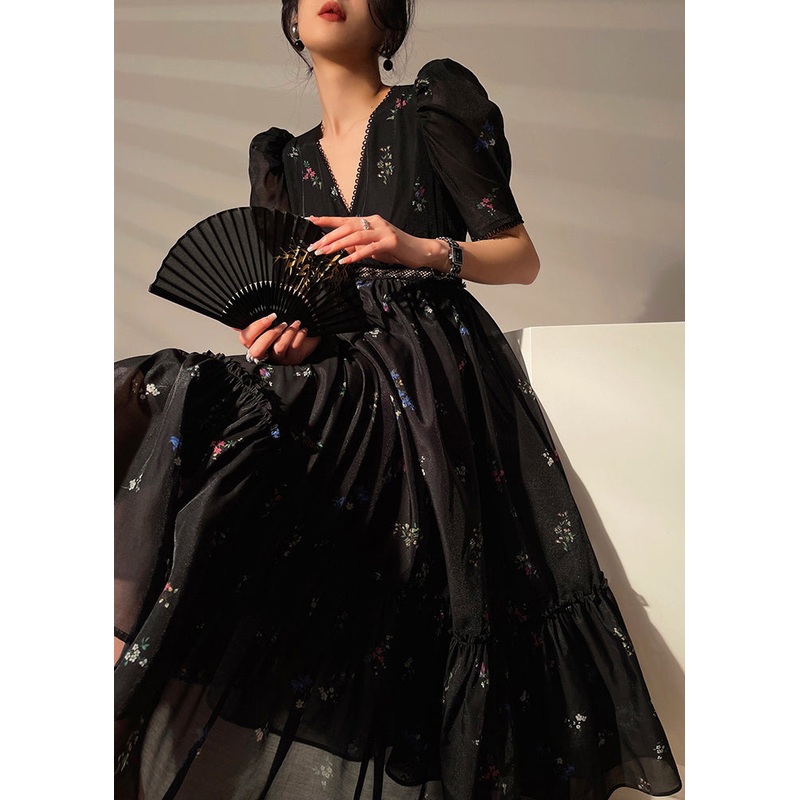 Fashion Black V Neck Zippered Print Chiffon Maxi Dresses Lantern Sleeve