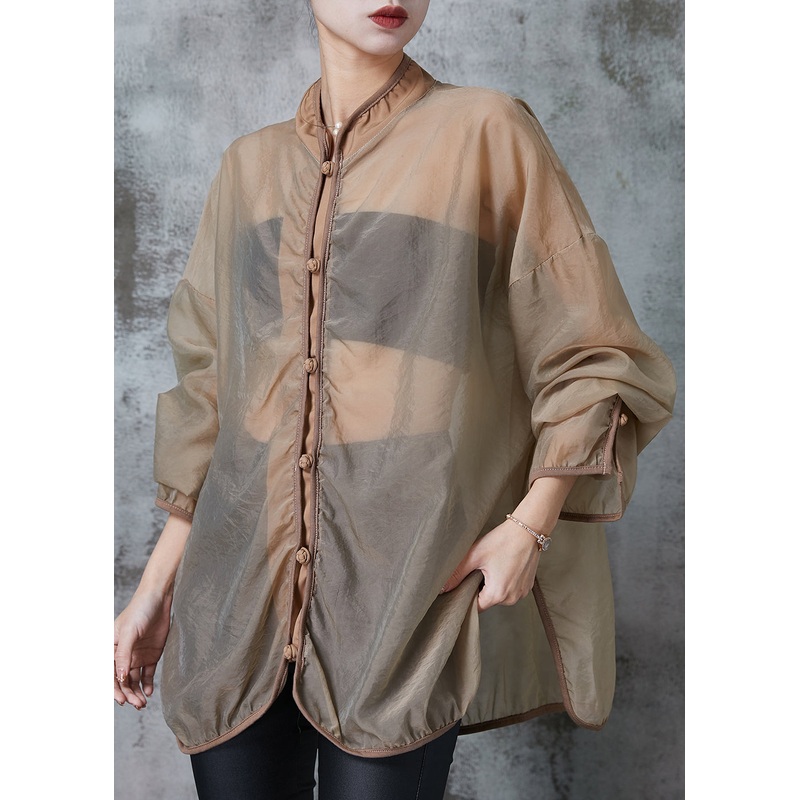 Fashion Brown Hollow Out Tulle UPF 50+ Coat Jacket Spring