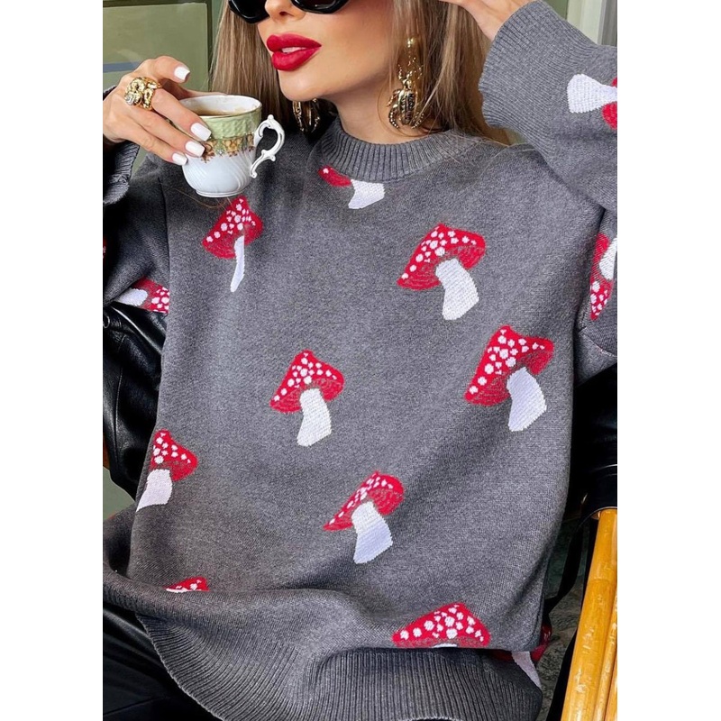 Fashion Grey O Neck Jacquard Thick Knit Sweater Fall