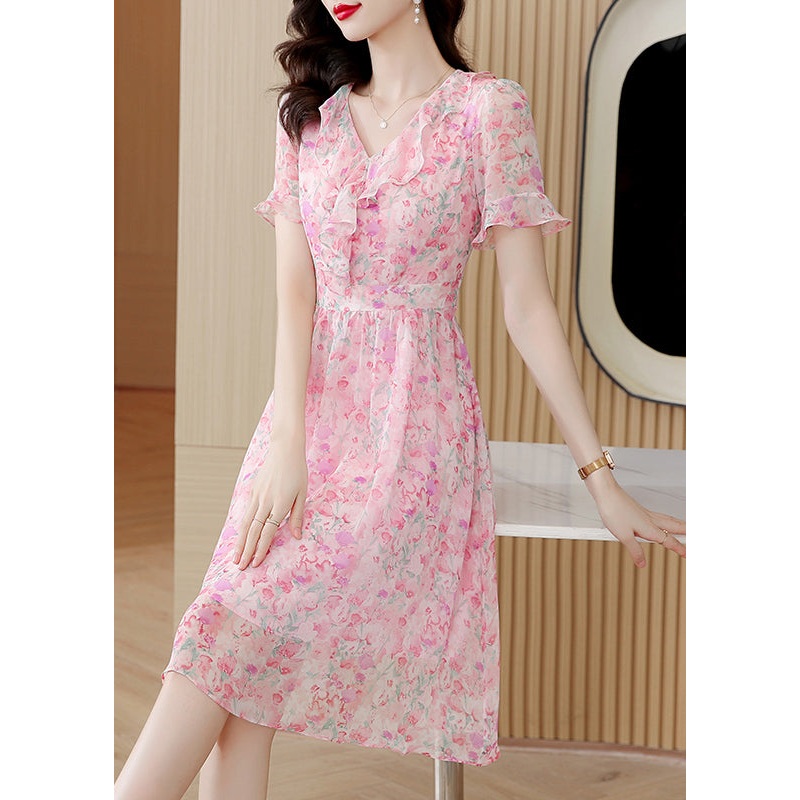 Fashion Pink V Neck Ruffled Print Chiffon Dress Summer
