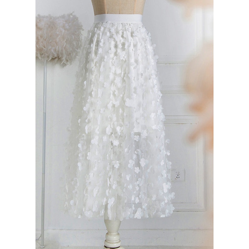 Fashion White Floral Decorated High Waist Tulle Skirt Summer