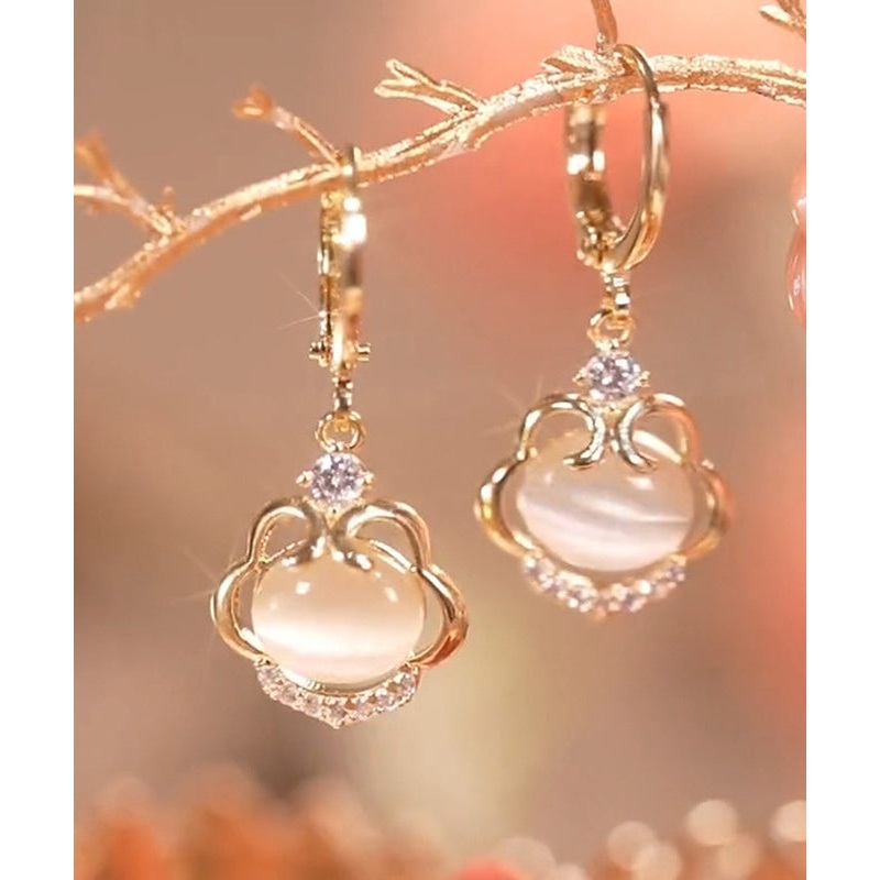 Fine Gold Copper Zircon Cat’s Eye Stone Ruyi Lock Drop Earrings