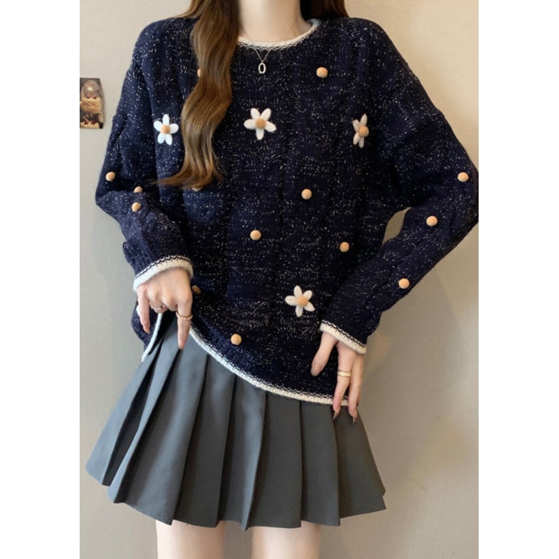 Fitted Navy O-Neck Embroidered Knit Short Sweater Winter