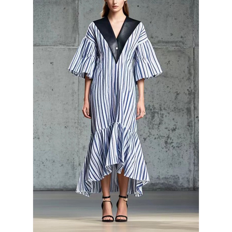 French Blue Striped Patchwork PU Cotton Long Dress Summer