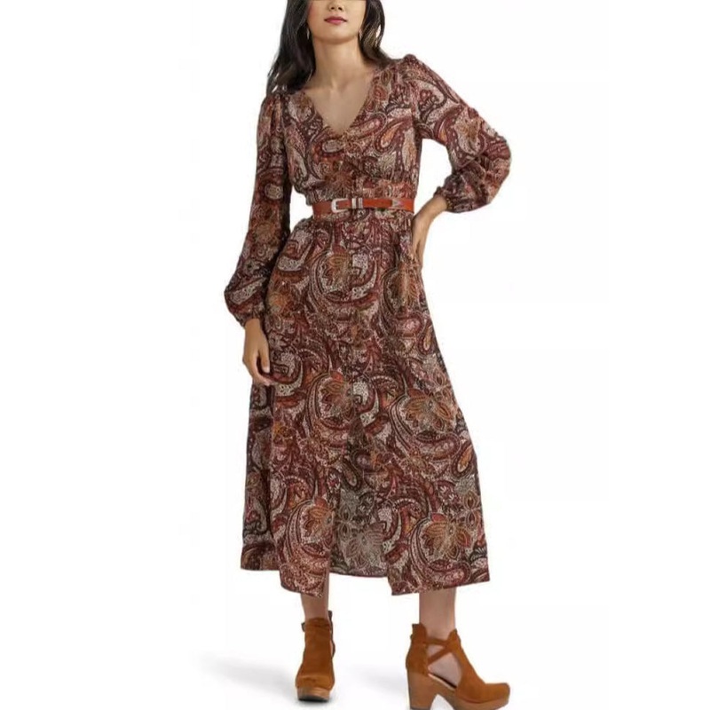 French Coffee V Neck Front Open Cotton Long Dress Fall