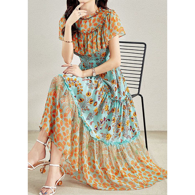 French Colorblock Ruffled Patchwork Print Silk Long Dresses Summer